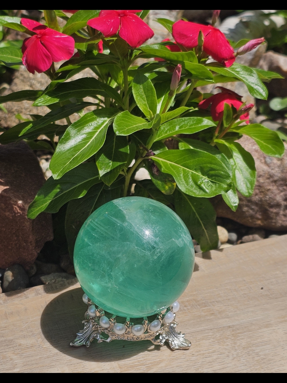 Green Fluorite Crystal Sphere on Decorative Silver Stand